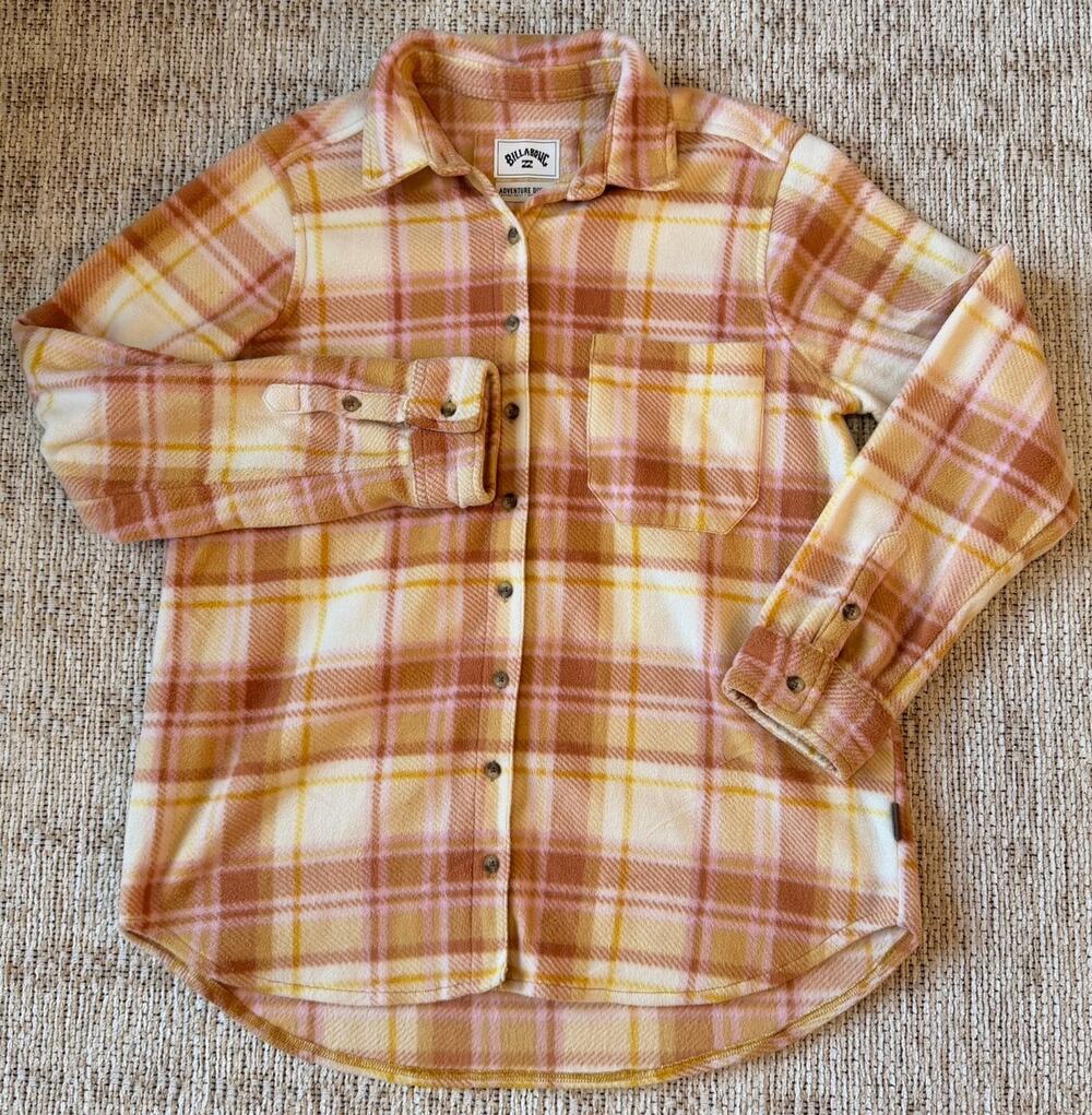 Billabong Forge Fleece Flannel Size L Yellow Pink Plaid Button Down